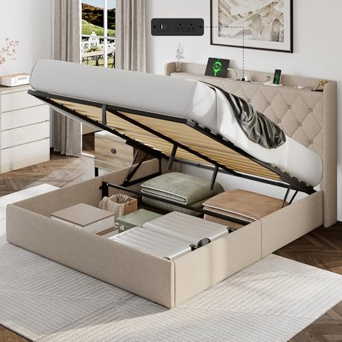 Lift-Up Storage Bed with Wingback Headboard