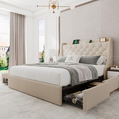 Wingback Platform Bed with Four Drawers