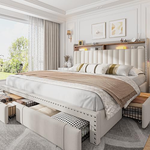 Upholstered Storage Bed with Headboard Shelf